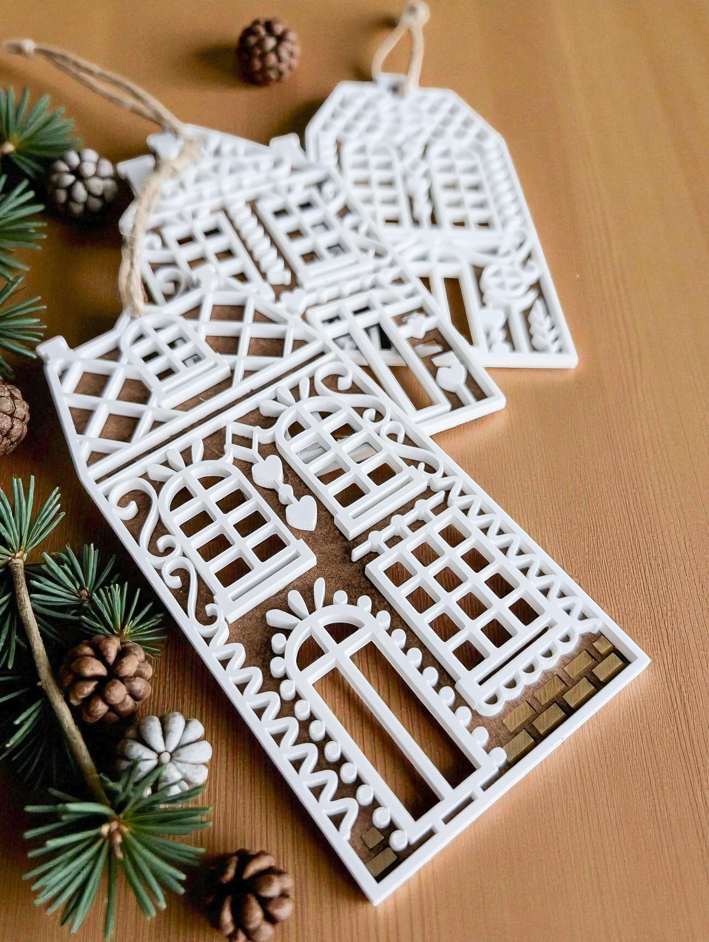 Set of 3 gingerbread houses | Christmas tree ornament | Christmas bauble | Recycled acrylic and cardboard