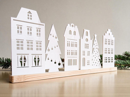Wooden Christmas Houses: Recycled Acrylic Village, Scandi Decor | Bespoke Christmas Decoration | Christmas Scene