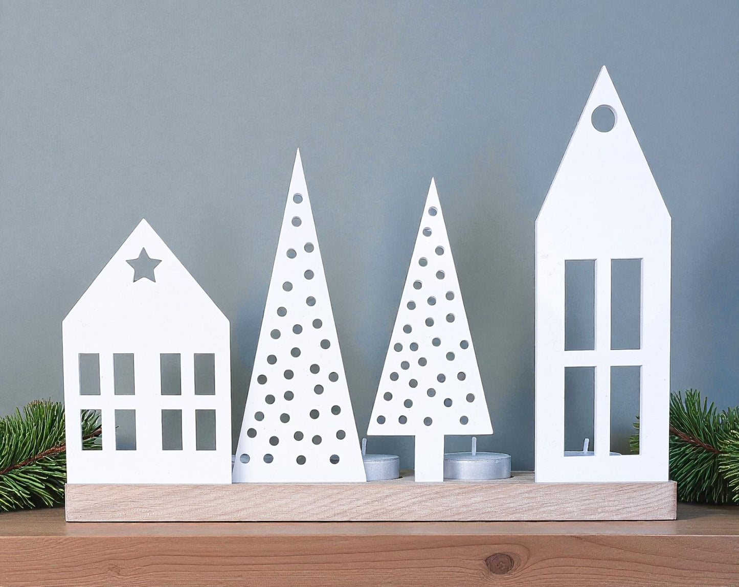 Wooden Christmas Houses tealight holder: Recycled Acrylic Village, Scandi Decor | Bespoke Christmas Decoration | Rustic Christmas Village