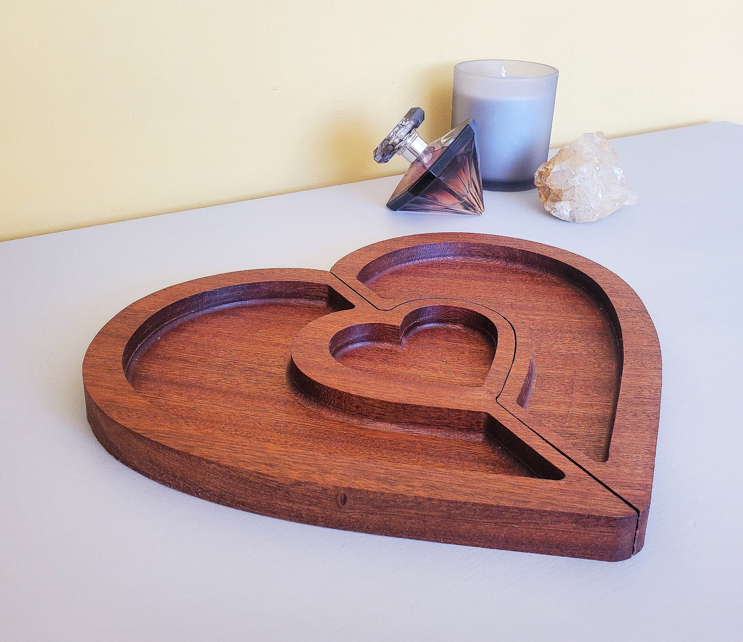 Exotic mahogany wooden heart tray | Double jewellery tray | Personalised Tray | Heart Tray