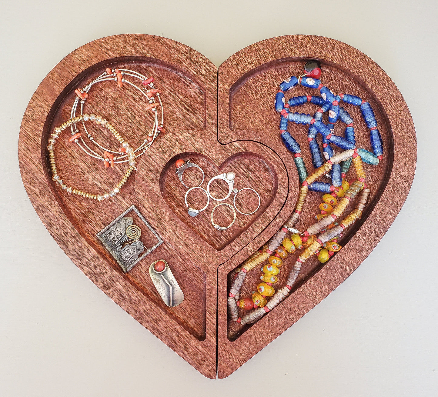 Exotic mahogany wooden heart tray | Double jewellery tray | Personalised Tray | Heart Tray