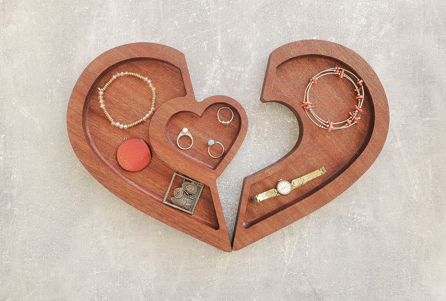 Exotic mahogany wooden heart tray | Double jewellery tray | Personalised Tray | Heart Tray