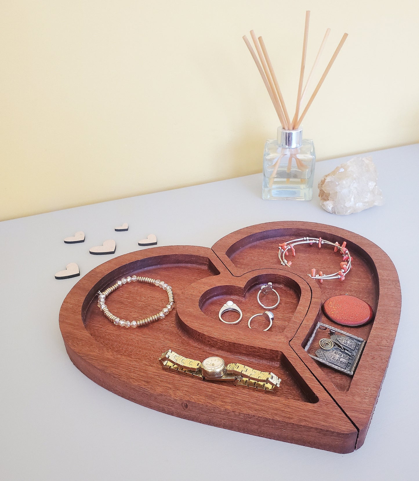 Exotic mahogany wooden heart tray | Double jewellery tray | Personalised Tray | Heart Tray