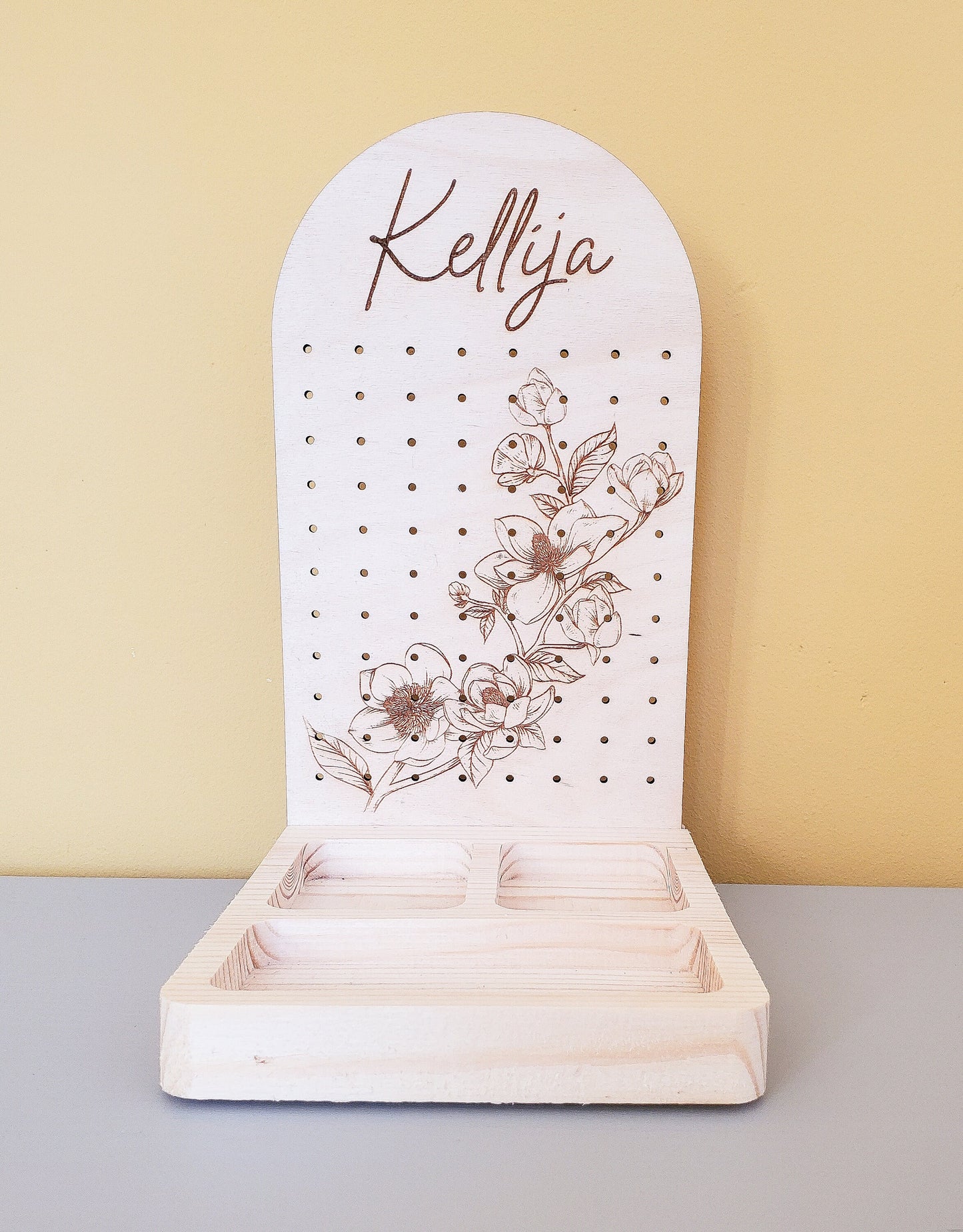 Personalised wooden jewellery tray and earring stand | Floral Earring stand | Boho jewellery display