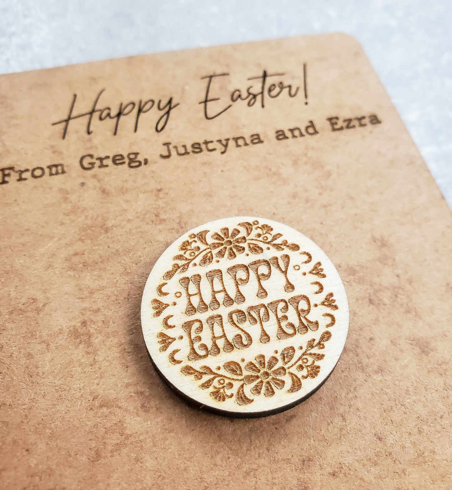 Wooden badge pin brooch with a personalised card | Easter Card | Easter Bunny | Easter Egg | Children Easter Gift|Custom Wooden Easter Decor
