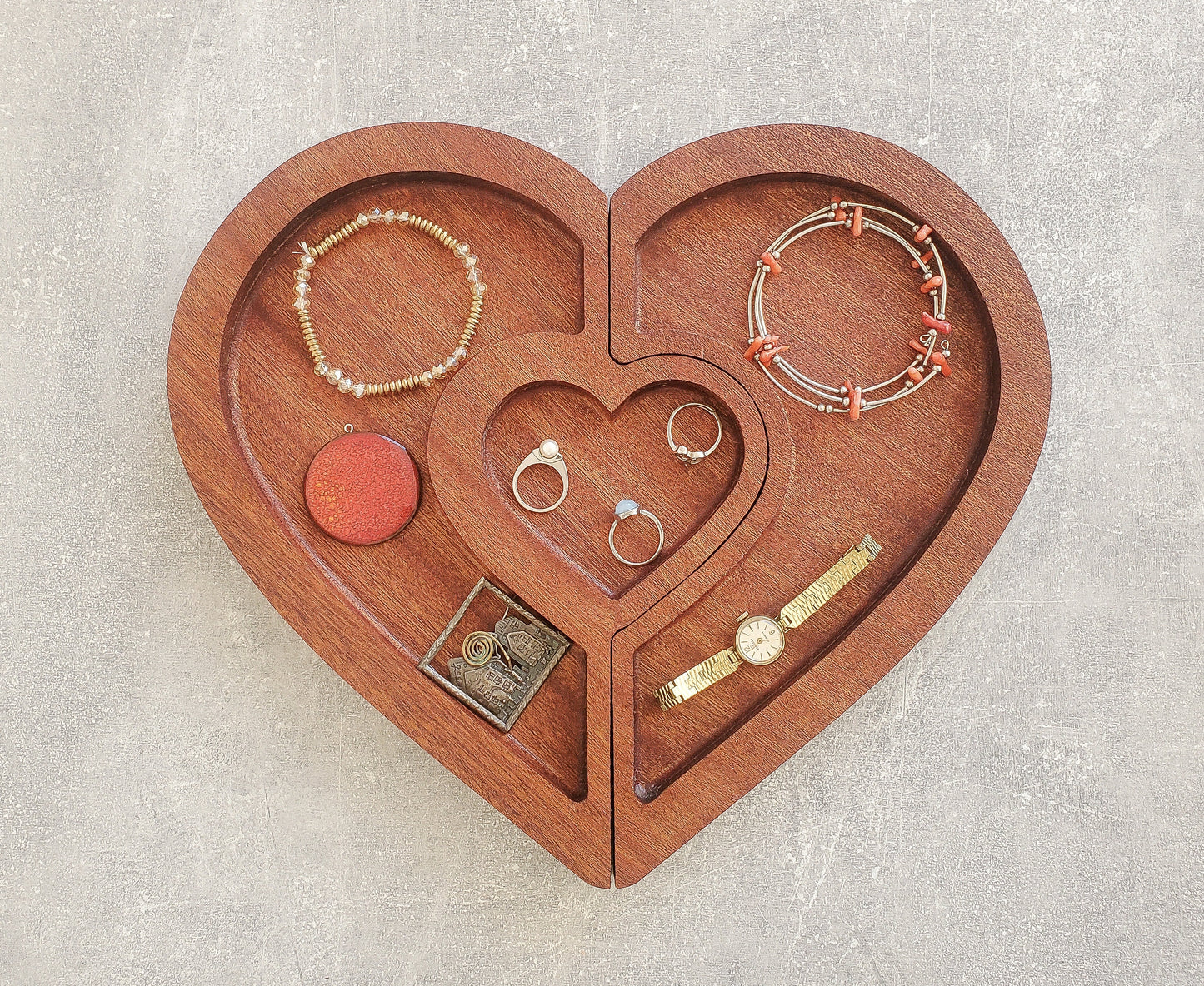 Exotic mahogany wooden heart tray | Double jewellery tray | Personalised Tray | Heart Tray