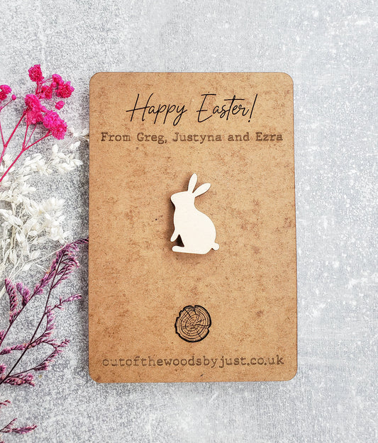 Wooden badge pin brooch with a personalised card | Easter Card | Easter Bunny | Easter Egg | Children Easter Gift|Custom Wooden Easter Decor